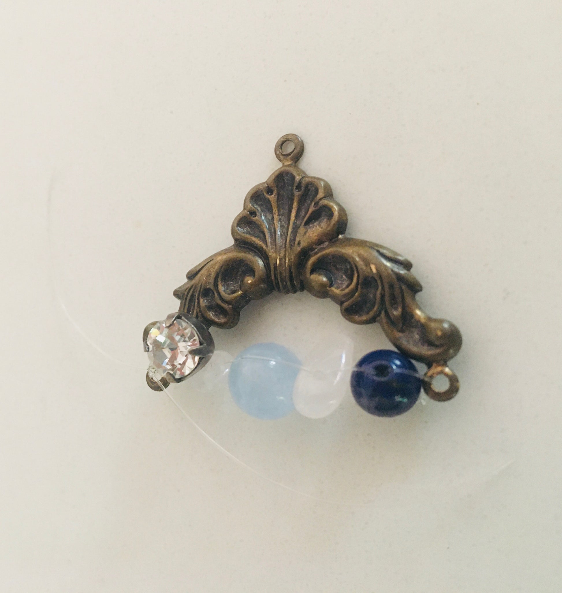 Unisex. Brass charm with Aquamarine Lapis Lazuli Rose quartz Moissanite